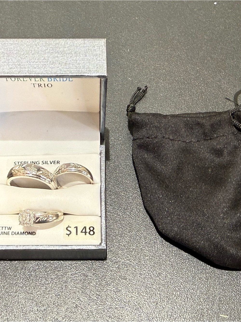Forever Bride Faith Trio 925 Sterling Silver 1/6ctw Diamond Ring Set SZ 7 10.5